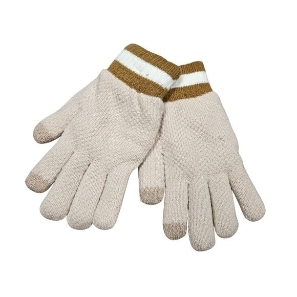 Adults Beige Brown Striped Knit Gloves Fuzzy Lined Touchscreen Tips Warm Cozy - Picture 1 of 6